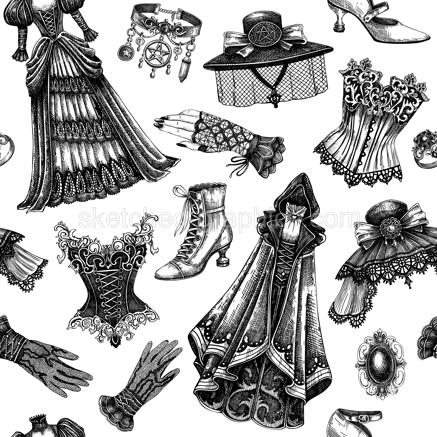 Gothic background. Hand-drawn fashion illustration. Victorian clothes designs. Halloween seamless pattern. Vampire woman vector. NOT AI generated Illustration